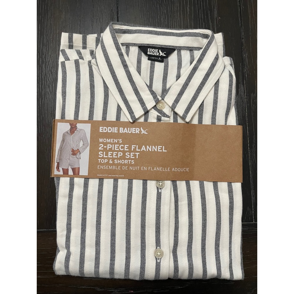 EDDIE BAUER Flannel Sleep Short Set Ivory Stripe Small NEW Lounge Comfort Soft